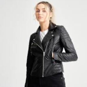Barney’s Original Leather Biker Jacket with Shoulder Detail